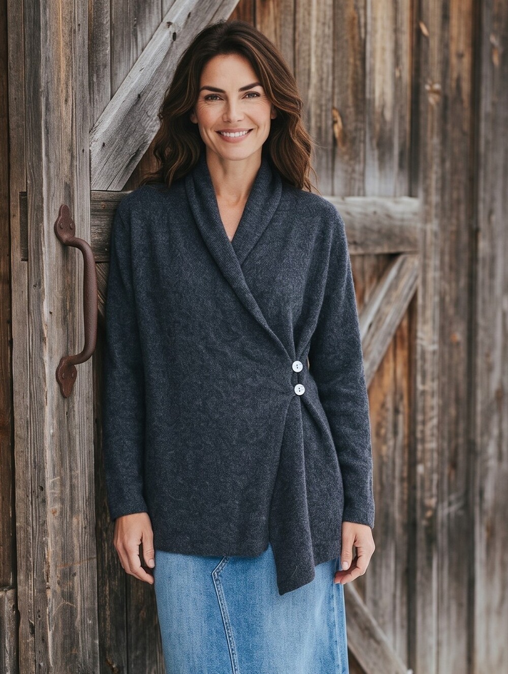 Dark Heather Gray Wrap-Front Sweater with Oyster Button Detail Baby Alpaca Fiber